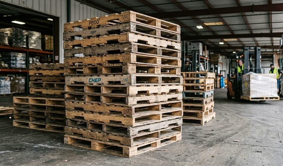 Stacked recycled wood pallets at Phoenix Pallet Recycling